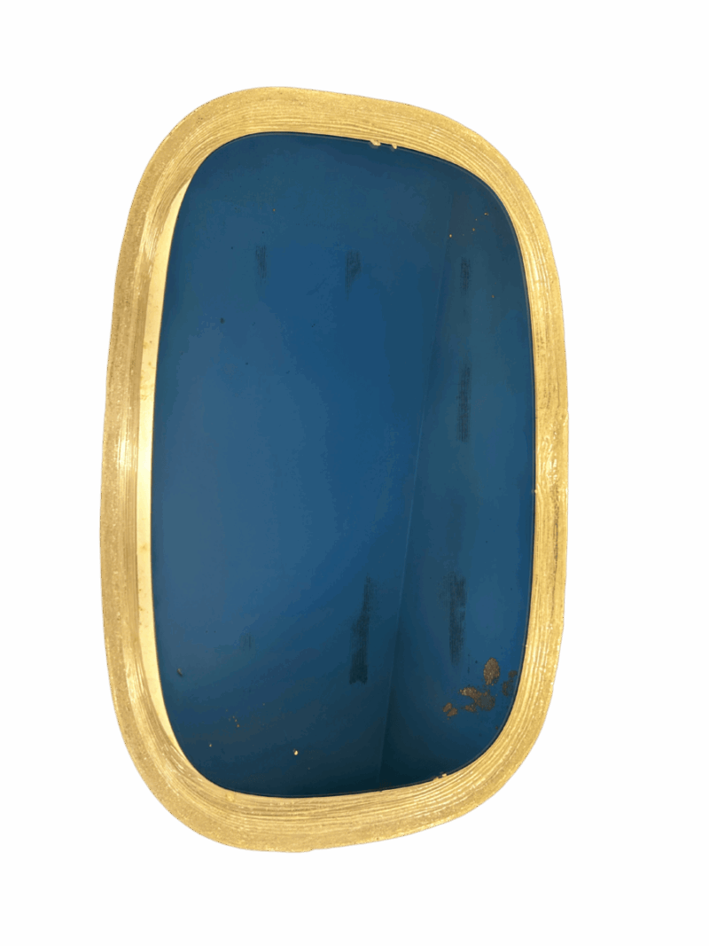 Miroir vintage lumineux Hillebrand, vue frontale – cadre en acrylique doré et glace bleutée avec traces d’usure.